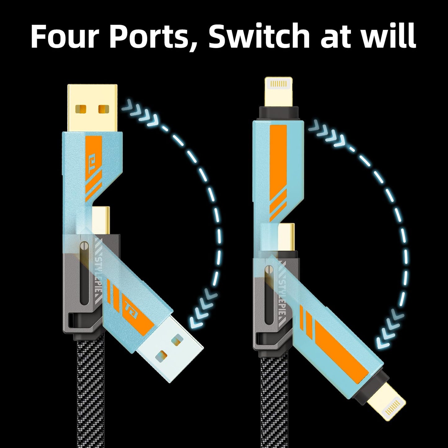 opodot USB C to Lightning Cable [60W Fast Charging&Data Sync] Nylon Braided iPhone iPad Charger Cable, Multi Charger Cable, 4 in 1 With Lightning/USB C/USB A Ports, Blue, 5ft