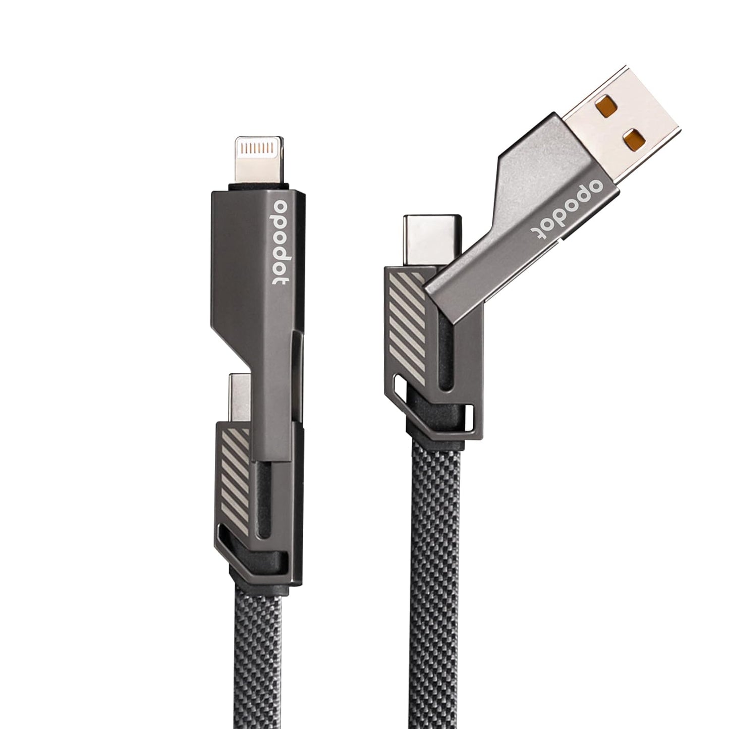 opodot USB C to Lightning Cable [60W Fast Charging&Data Sync] Nylon Braided iPhone iPad Charger Cable, Multi Charger Cable, 4 in 1 With Lightning/USB C/USB A Ports, Grey, 5ft