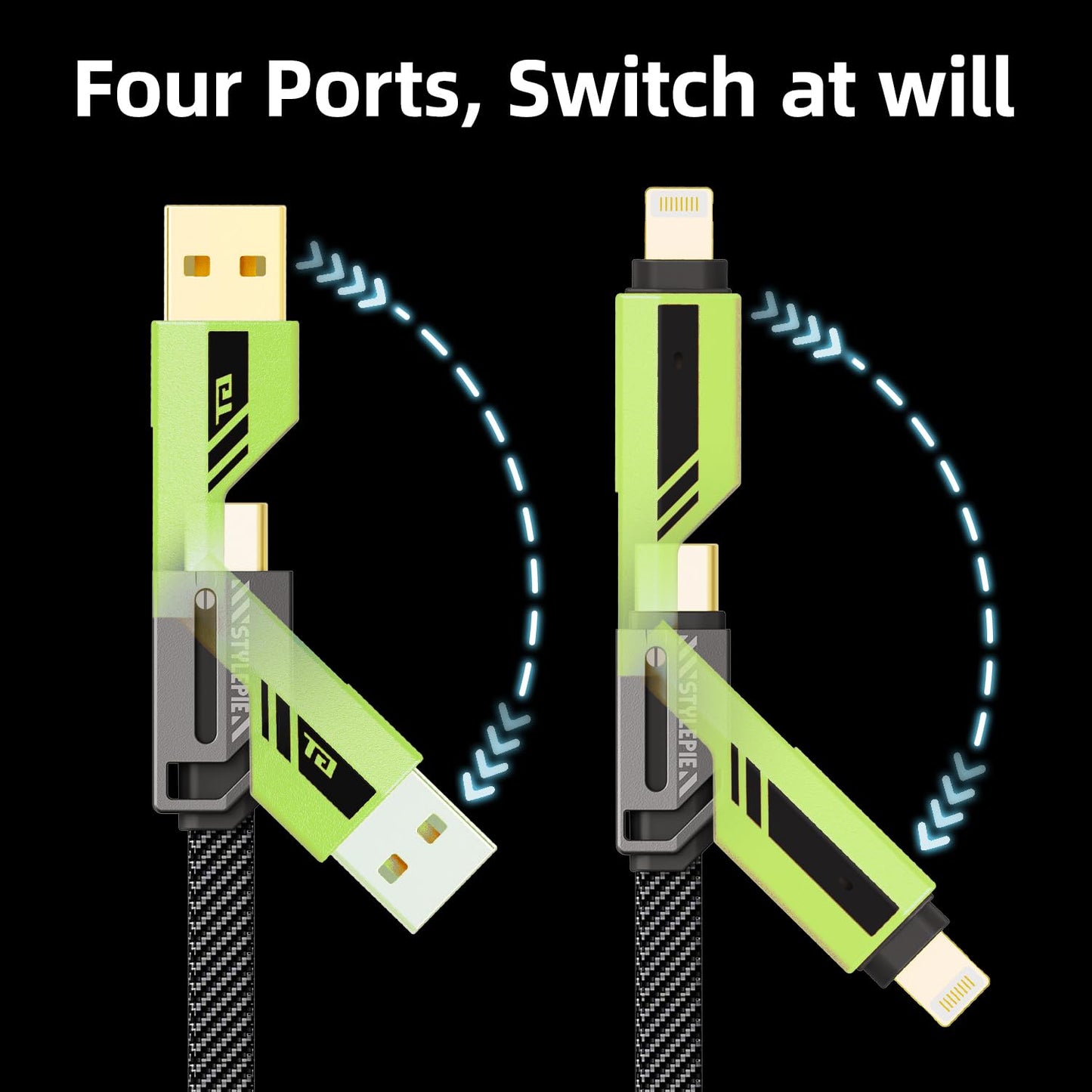 opodot USB C to Lightning Cable [60W Fast Charging&Data Sync] Nylon Braided iPhone iPad Charger Cable, Multi Charger Cable, 4 in 1 With Lightning/USB C/USB A Ports, Green,5ft