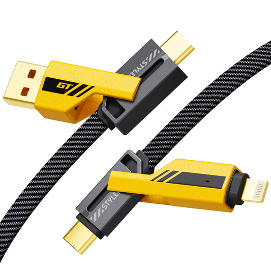 opodot USB C to Lightning Cable [60W Fast Charging&Data Sync] Nylon Braided iPhone iPad Charger Cable, Multi Charger Cable, 4 in 1 With Lightning/USB C/USB A Ports, Yellow,5ft