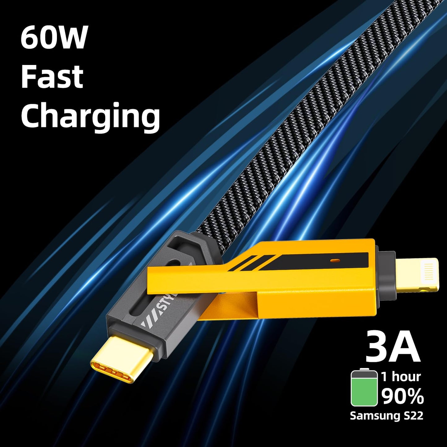 opodot USB C to Lightning Cable [60W Fast Charging&Data Sync] Nylon Braided iPhone iPad Charger Cable, Multi Charger Cable, 4 in 1 With Lightning/USB C/USB A Ports, Yellow,5ft