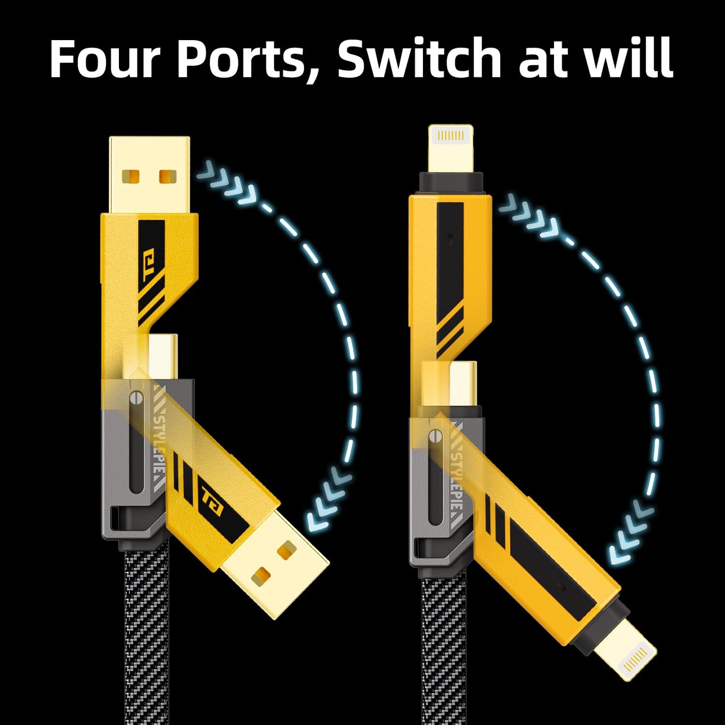 opodot USB C to Lightning Cable [60W Fast Charging&Data Sync] Nylon Braided iPhone iPad Charger Cable, Multi Charger Cable, 4 in 1 With Lightning/USB C/USB A Ports, Yellow,5ft