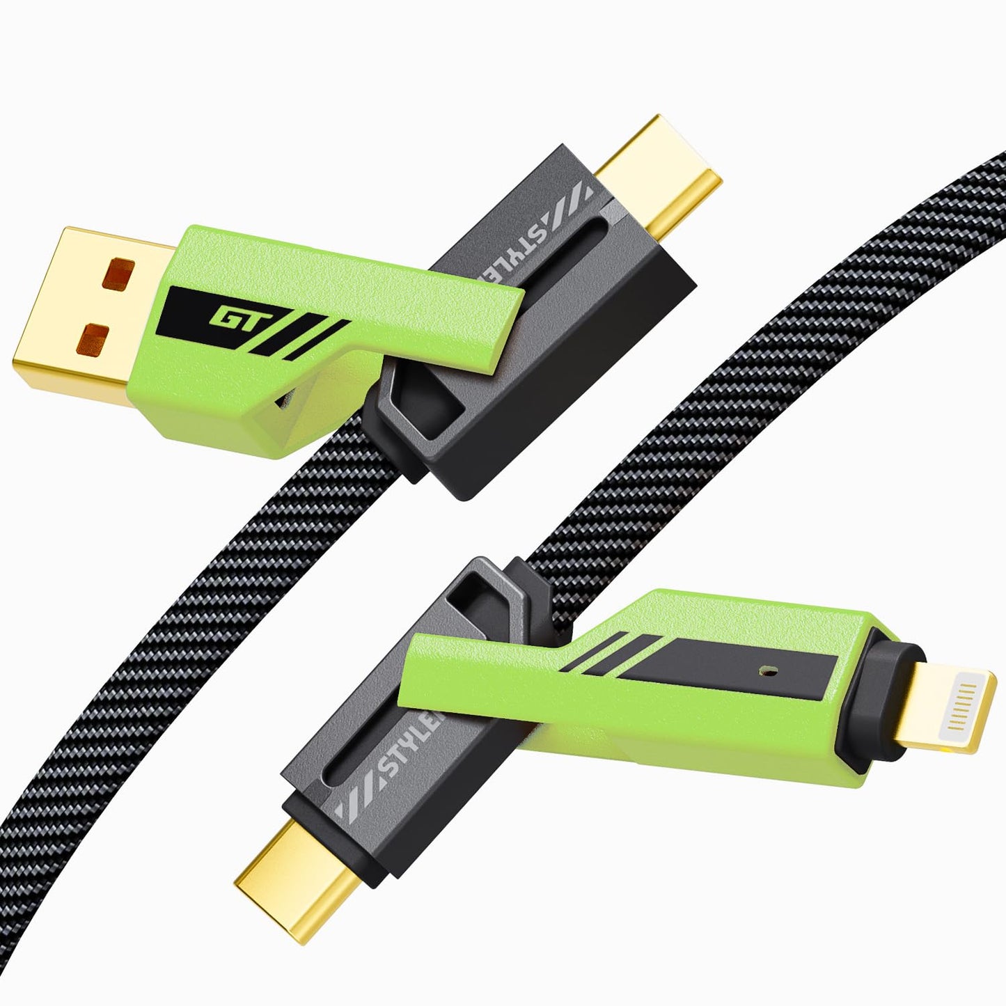 opodot USB C to Lightning Cable [60W Fast Charging&Data Sync] Nylon Braided iPhone iPad Charger Cable, Multi Charger Cable, 4 in 1 With Lightning/USB C/USB A Ports, Green,5ft