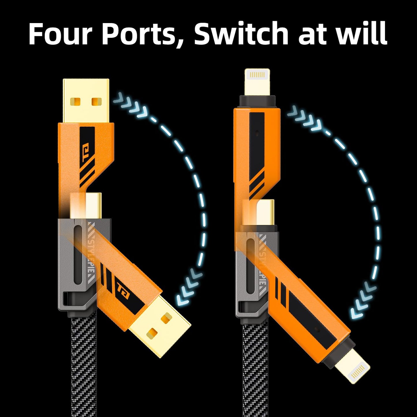 opodot USB C to Lightning Cable [60W Fast Charging&Data Sync] Nylon Braided iPhone iPad Charger Cable, Multi Charger Cable, 4 in 1 With Lightning/USB C/USB A Ports, Orange,5ft