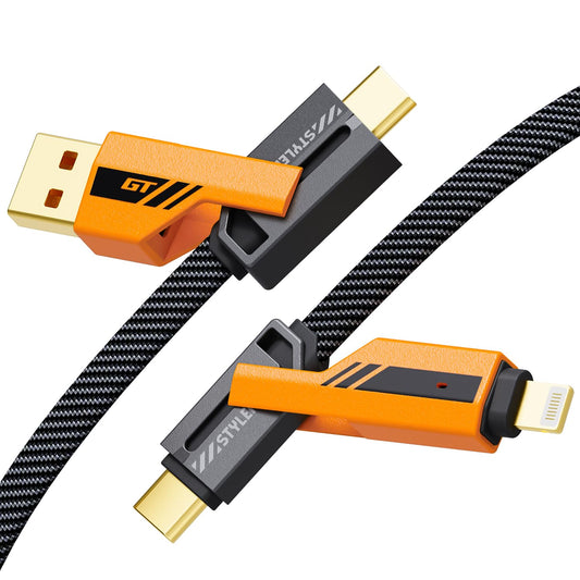 opodot USB C to Lightning Cable [60W Fast Charging&Data Sync] Nylon Braided iPhone iPad Charger Cable, Multi Charger Cable, 4 in 1 With Lightning/USB C/USB A Ports, Orange,5ft