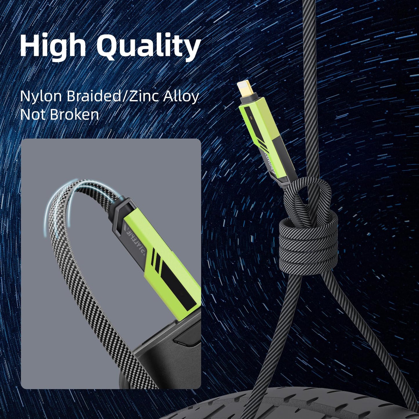 opodot USB C to Lightning Cable [60W Fast Charging&Data Sync] Nylon Braided iPhone iPad Charger Cable, Multi Charger Cable, 4 in 1 With Lightning/USB C/USB A Ports, Green,5ft