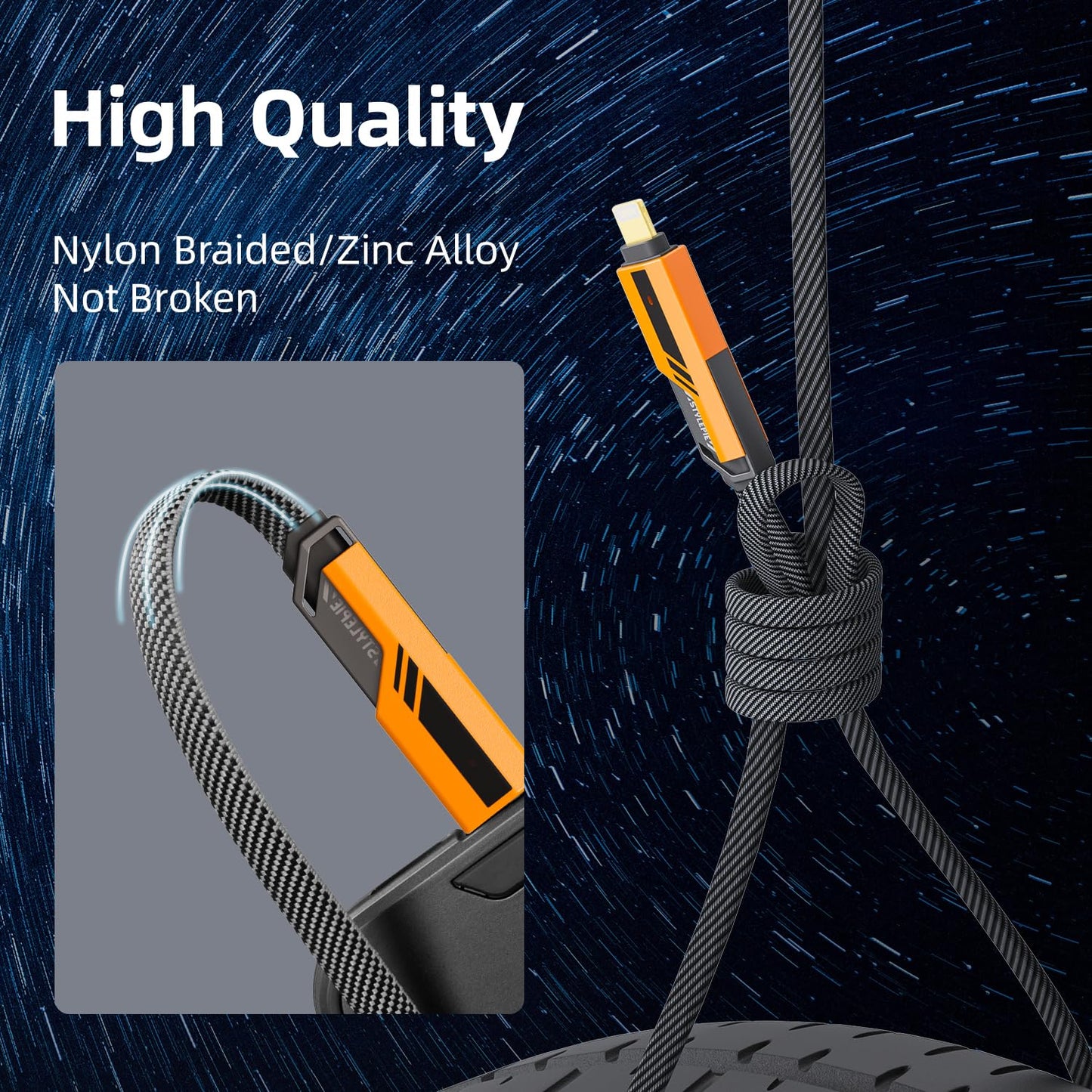 opodot USB C to Lightning Cable [60W Fast Charging&Data Sync] Nylon Braided iPhone iPad Charger Cable, Multi Charger Cable, 4 in 1 With Lightning/USB C/USB A Ports, Orange,5ft