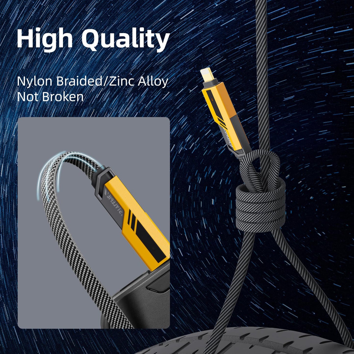 opodot USB C to Lightning Cable [60W Fast Charging&Data Sync] Nylon Braided iPhone iPad Charger Cable, Multi Charger Cable, 4 in 1 With Lightning/USB C/USB A Ports, Yellow,5ft